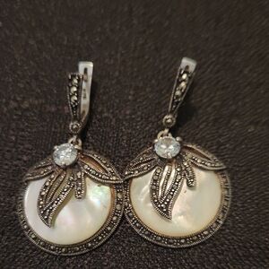 Elegant Silver and Pearl Earrings Markasite Leaf And CZ Dangle Earrings